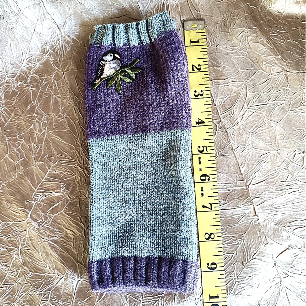 Fingerless Gloves Thumb Holes Purple Gray Grey Embroidered Birds Mittens NEW